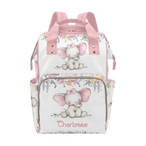 pink floral bow elephant girl personalized diaper backpack with name,custom travel daypack for nappy mommy nursing baby bag one size