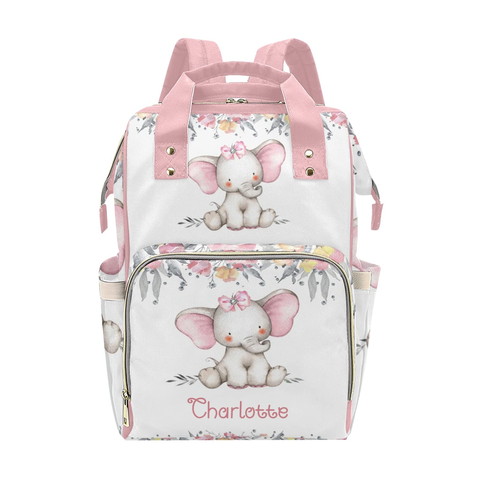 Pink Floral Bow Elephant Girl Personalized Diaper Backpack with Name,Custom Travel DayPack for Nappy Mommy Nursing Baby Bag One Size