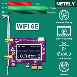 NETELY 802.11AX WiFi 6E 5400Mbps PCIE WiFi Adapter with Bluetooth 5.2 for Windows 10/11 64bit Desktop PCs, 2.4GHz 574Mbps, 5GHz 2400Mbps, and 6GHz 2400Mbps, Intel WiFi 6E AX210 PCIE WiFi Card (AX5400)