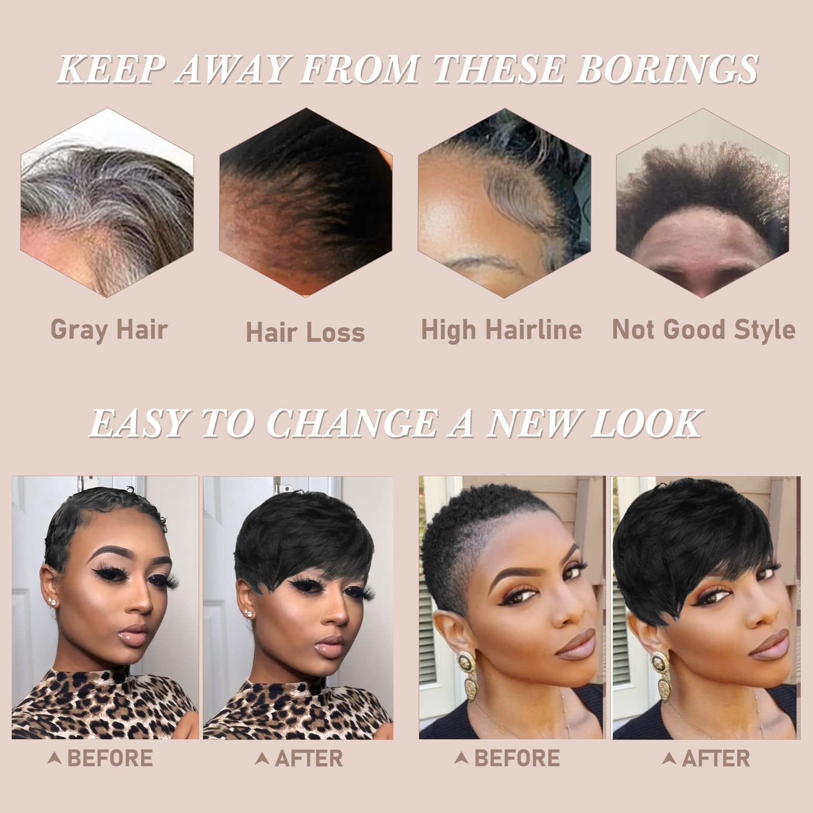 RUWISS Pixie Cut Wig Human Hair Wigs Human Hair Wig with Bangs Natural Short Black Wig Layered Wavy Different Style Short Wigs for Black Women (1B#)