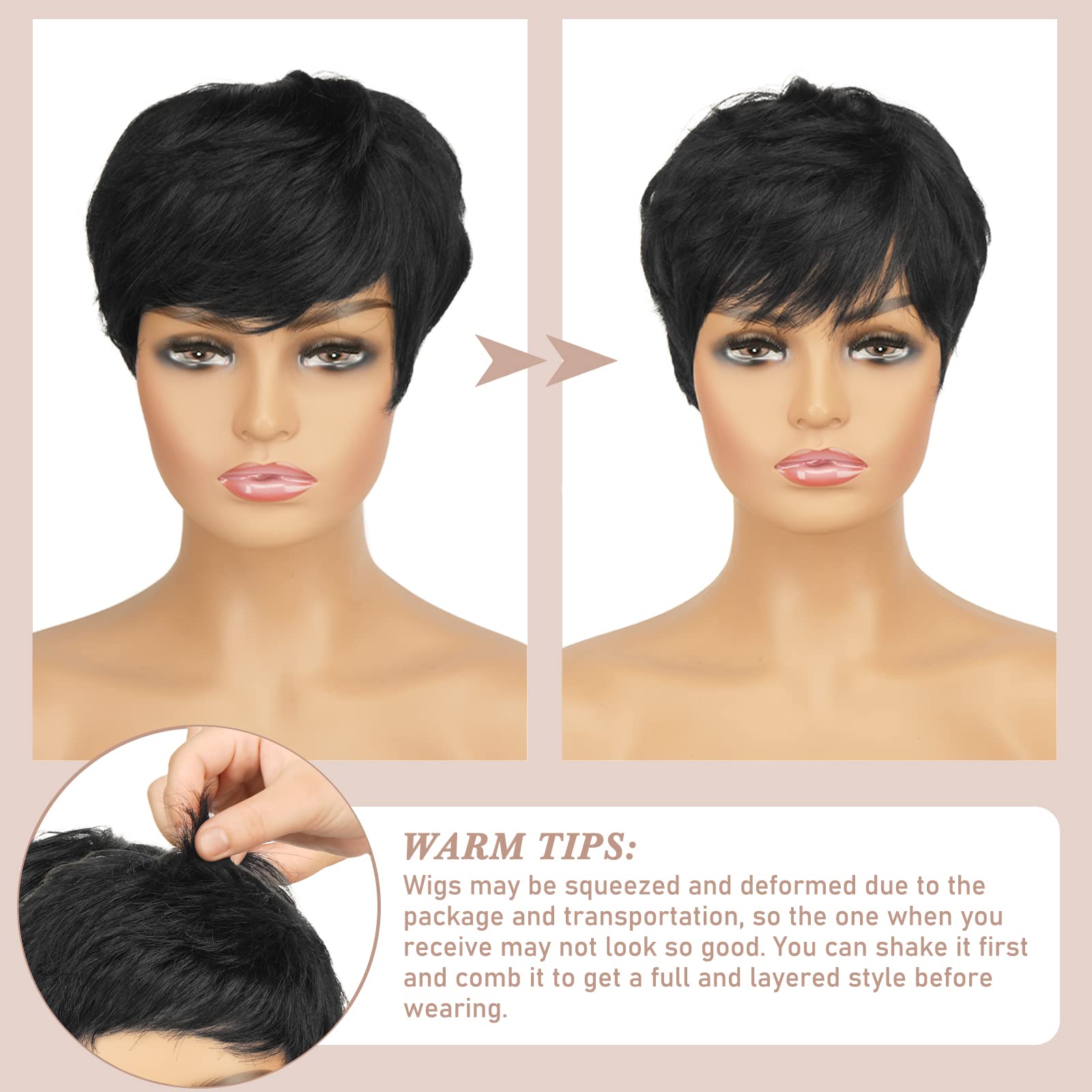 RUWISS Pixie Cut Wig Human Hair Wigs Human Hair Wig with Bangs Natural Short Black Wig Layered Wavy Different Style Short Wigs for Black Women (1B#)