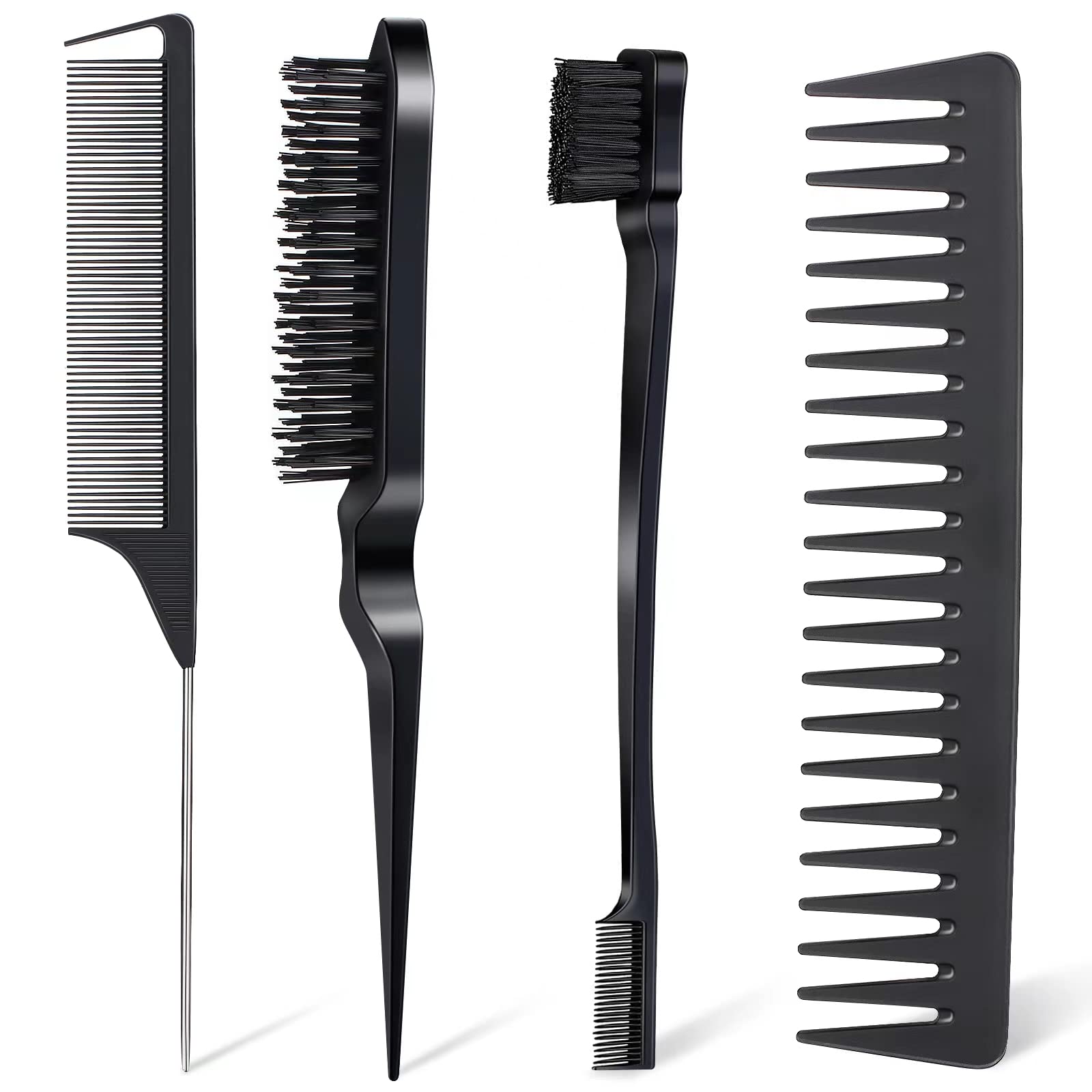 4Pcs Anmieciu Hair Styling Set for All: Bristle Edge Brush, Teasing Comb, Rat Tail Comb, Wide Tooth Comb for Combing, Smoothing and Styling Hair (Black)