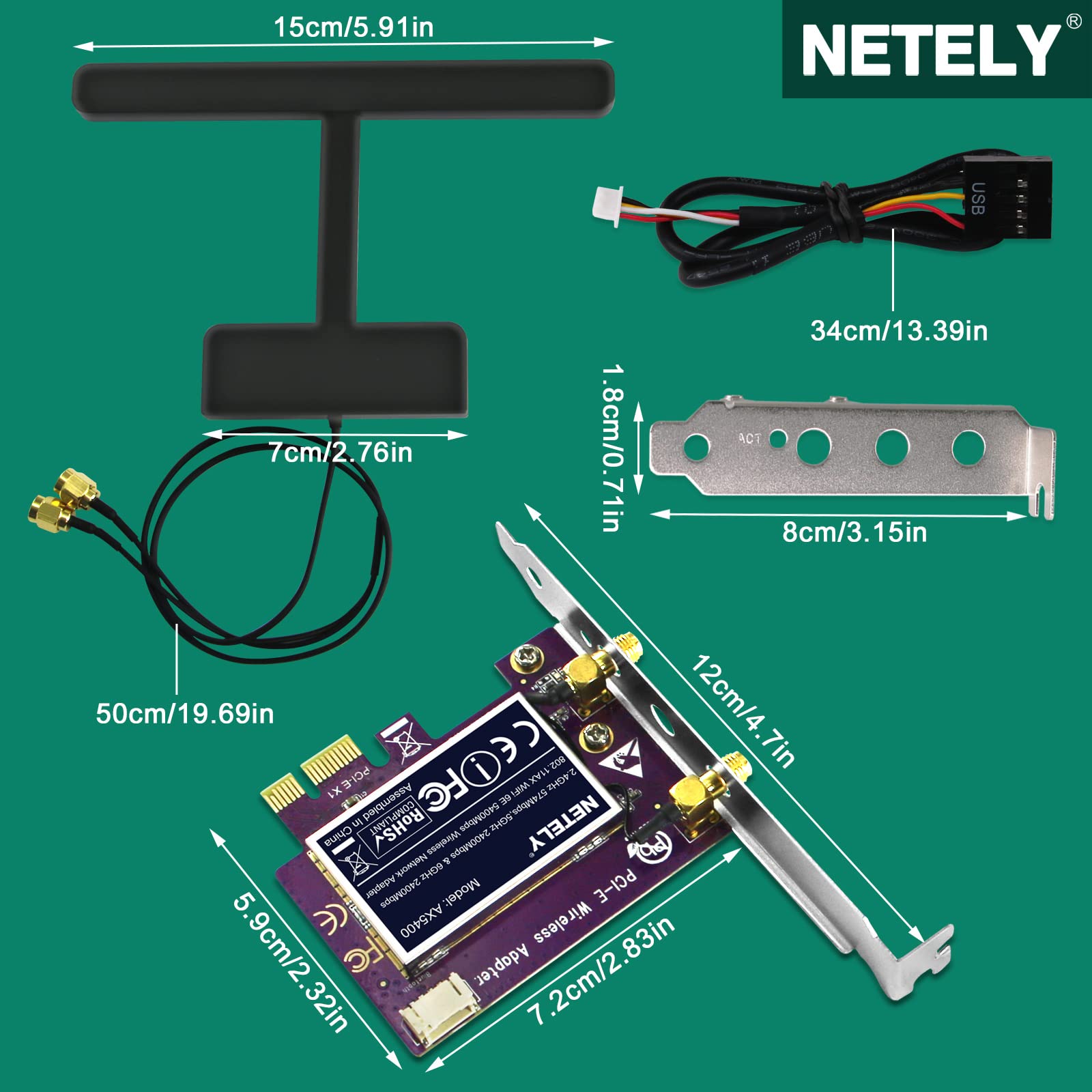 NETELY 802.11AX WiFi 6E 5400Mbps PCIE WiFi Adapter with Bluetooth 5.2 for Windows 10/11 64bit Desktop PCs, 2.4GHz 574Mbps, 5GHz 2400Mbps, and 6GHz 2400Mbps, Intel WiFi 6E AX210 PCIE WiFi Card (AX5400)