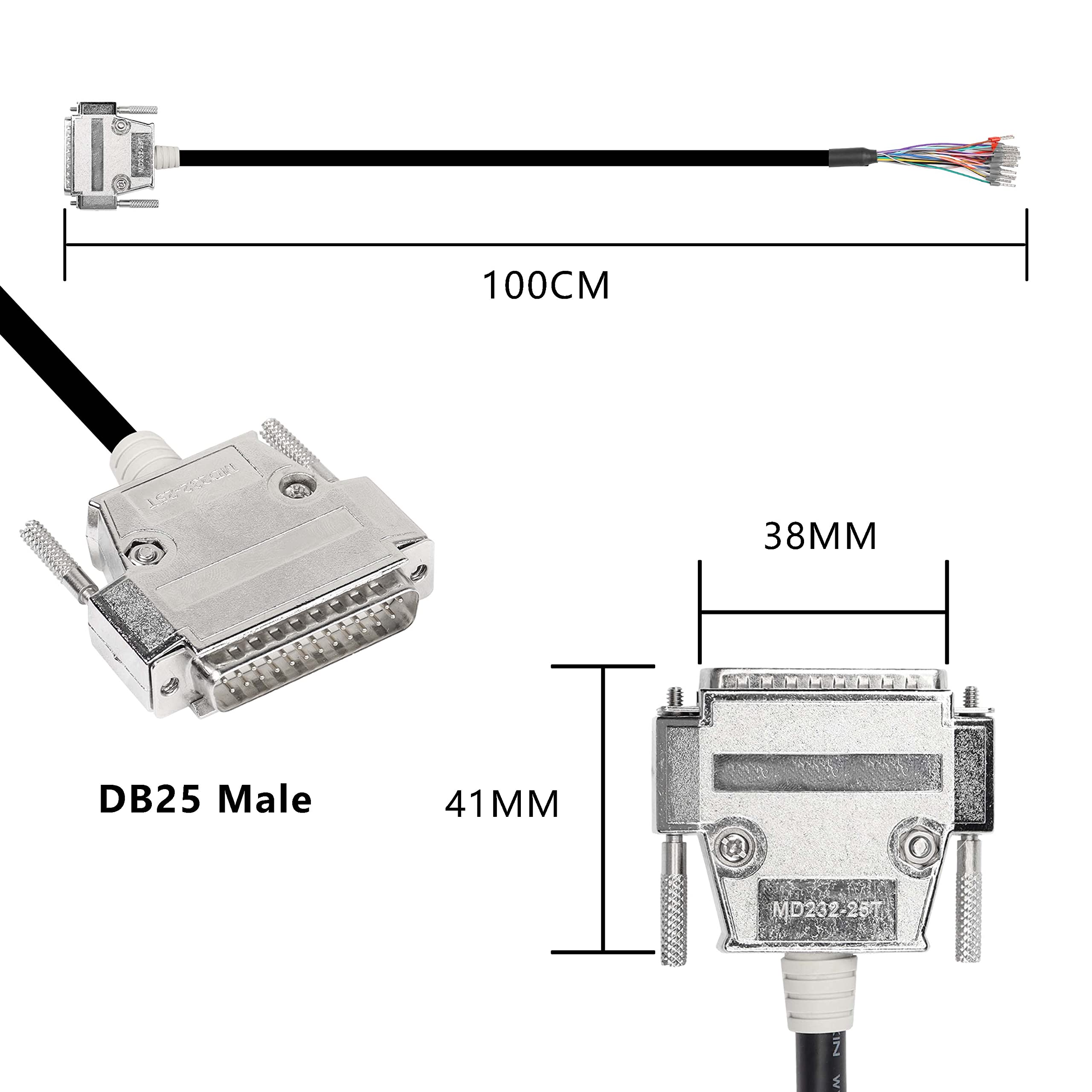 XMSJSIY DB25 Connector Adapter RS232 25 Pin Serial Extension Cable Solderless 25-Pin Port Breakout Replacement Cable with Bare Wire - 1M/3.2Ft (DB25 Male)