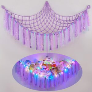 fiobee stuffed animals net or hammock with led light, toy hammock hanging stuffed animals storage organizer holder room décor for nursery kids bedroom