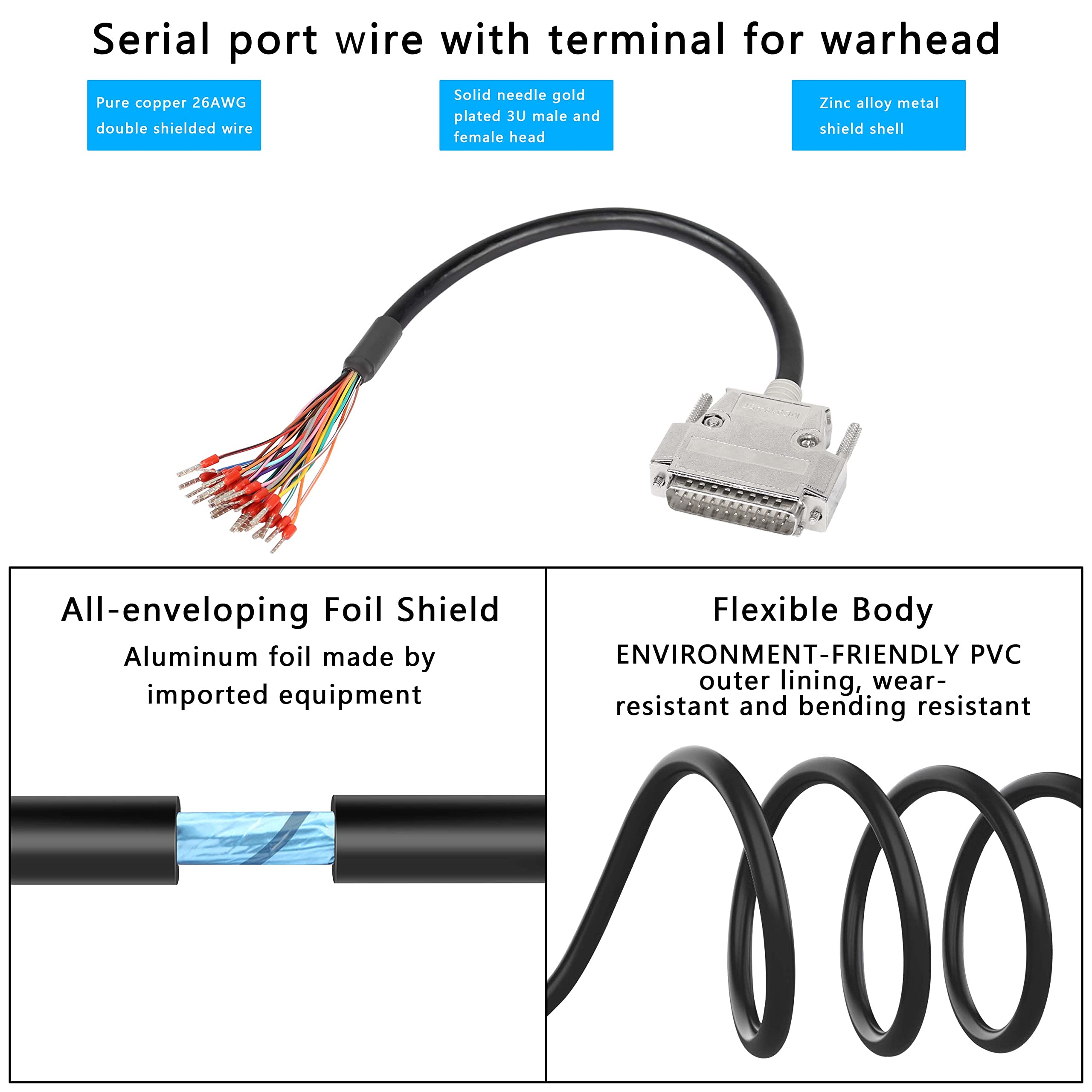 XMSJSIY DB25 Connector Adapter RS232 25 Pin Serial Extension Cable Solderless 25-Pin Port Breakout Replacement Cable with Bare Wire - 1M/3.2Ft (DB25 Male)