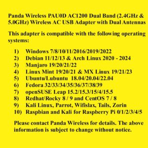 Panda Wireless® PAU0D AC1200 Wireless AC USB Adapter w/Dual Antennas - Windows 7/8/10/11/2019/2022, Chrome OS, Zorin, MXLinux, Mint, Ubuntu, Fedora, openSUSE, Rocky, Kali Linux and Raspbian