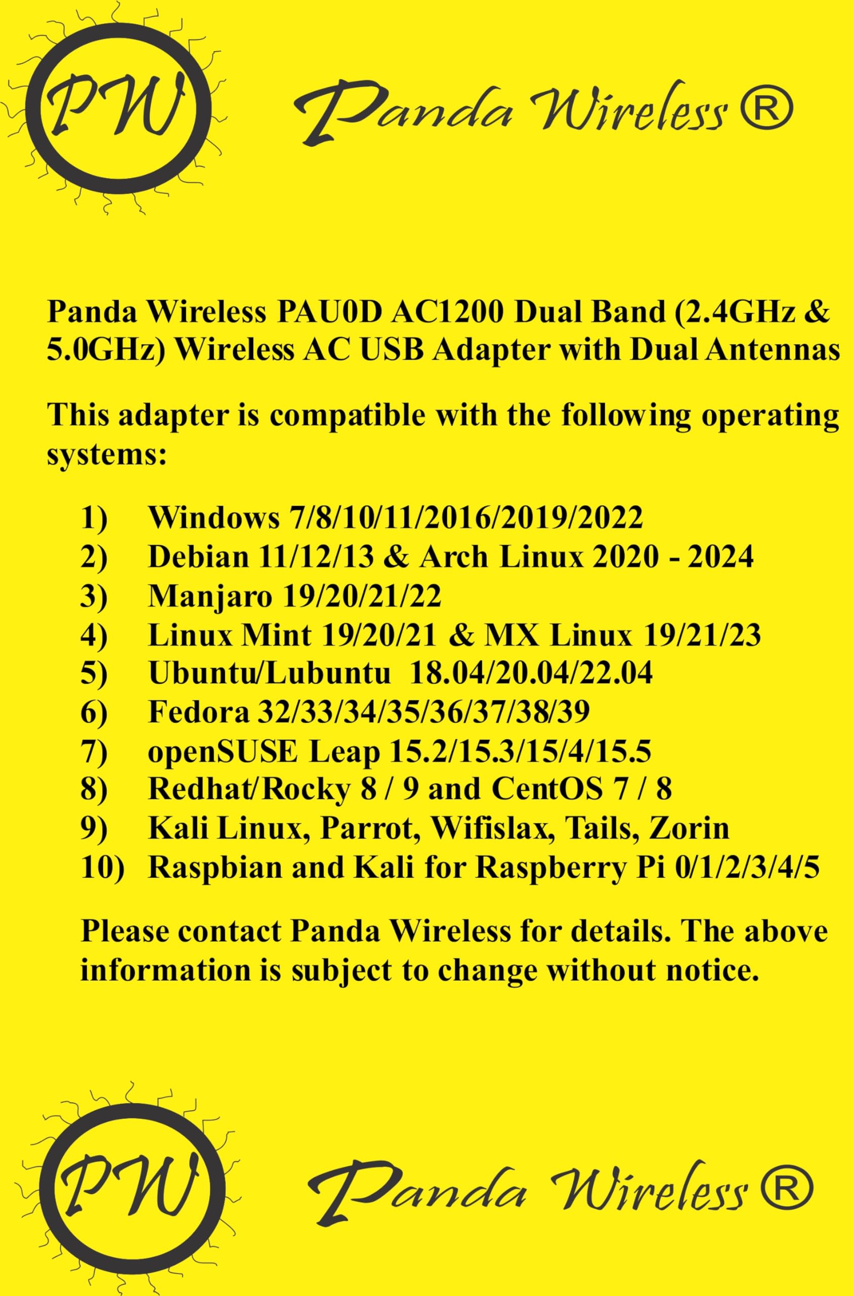 Panda Wireless® PAU0D AC1200 Wireless AC USB Adapter w/Dual Antennas - Windows 7/8/10/11/2019/2022, Chrome OS, Zorin, MXLinux, Mint, Ubuntu, Fedora, openSUSE, Rocky, Kali Linux and Raspbian