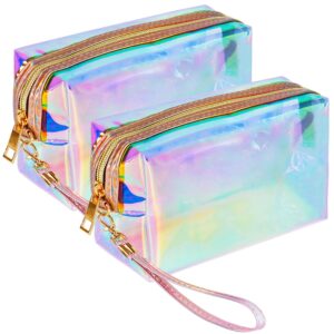 hrx package clear iridescent holographic makeup bag, 2pcs travel cosmetic pouches with zipper toiletry organizer case for purse diaper bag beach bag