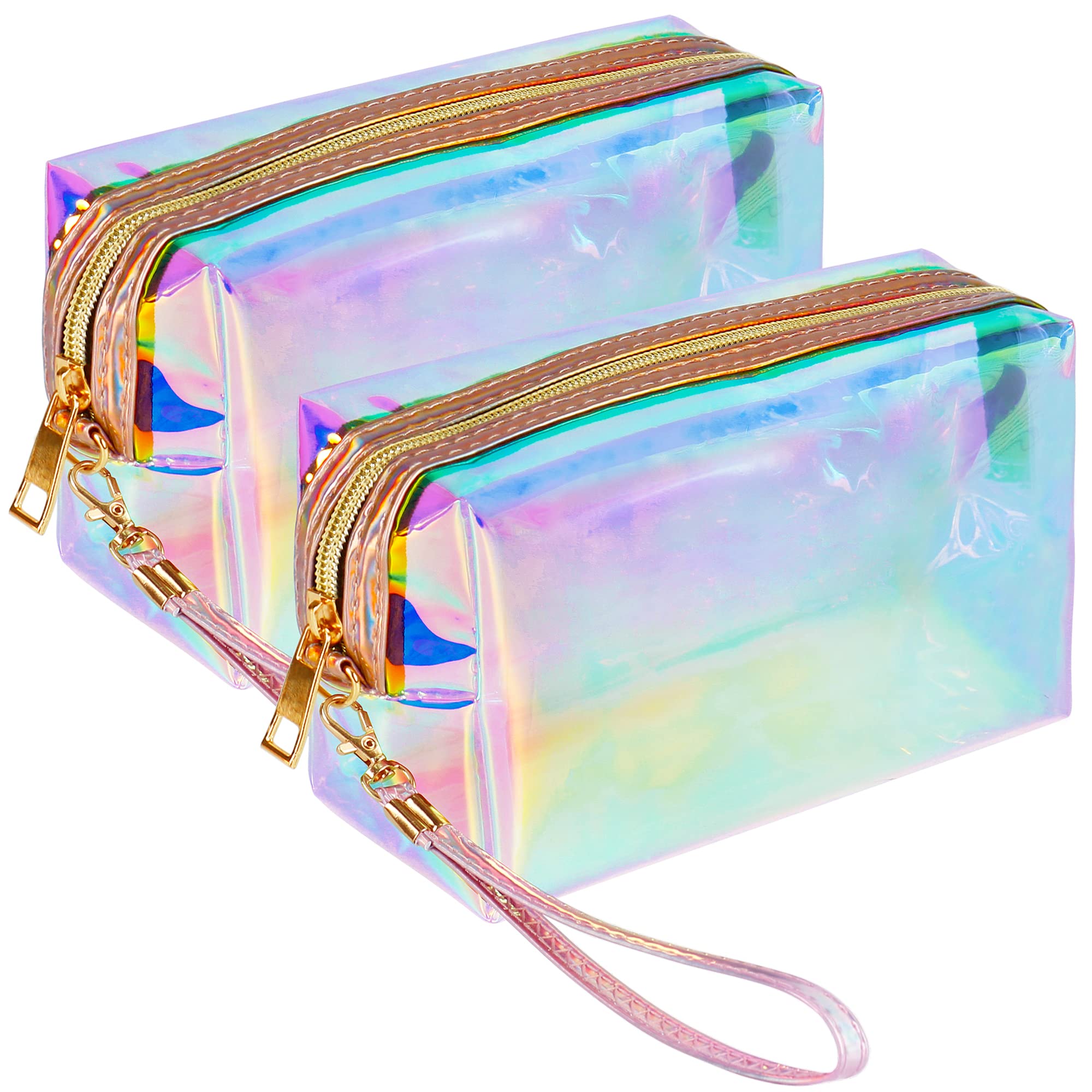 HRX Package Clear Iridescent Holographic Makeup Bag, 2pcs Travel Cosmetic Pouches with Zipper Toiletry Organizer Case for Purse Diaper Bag Beach Bag