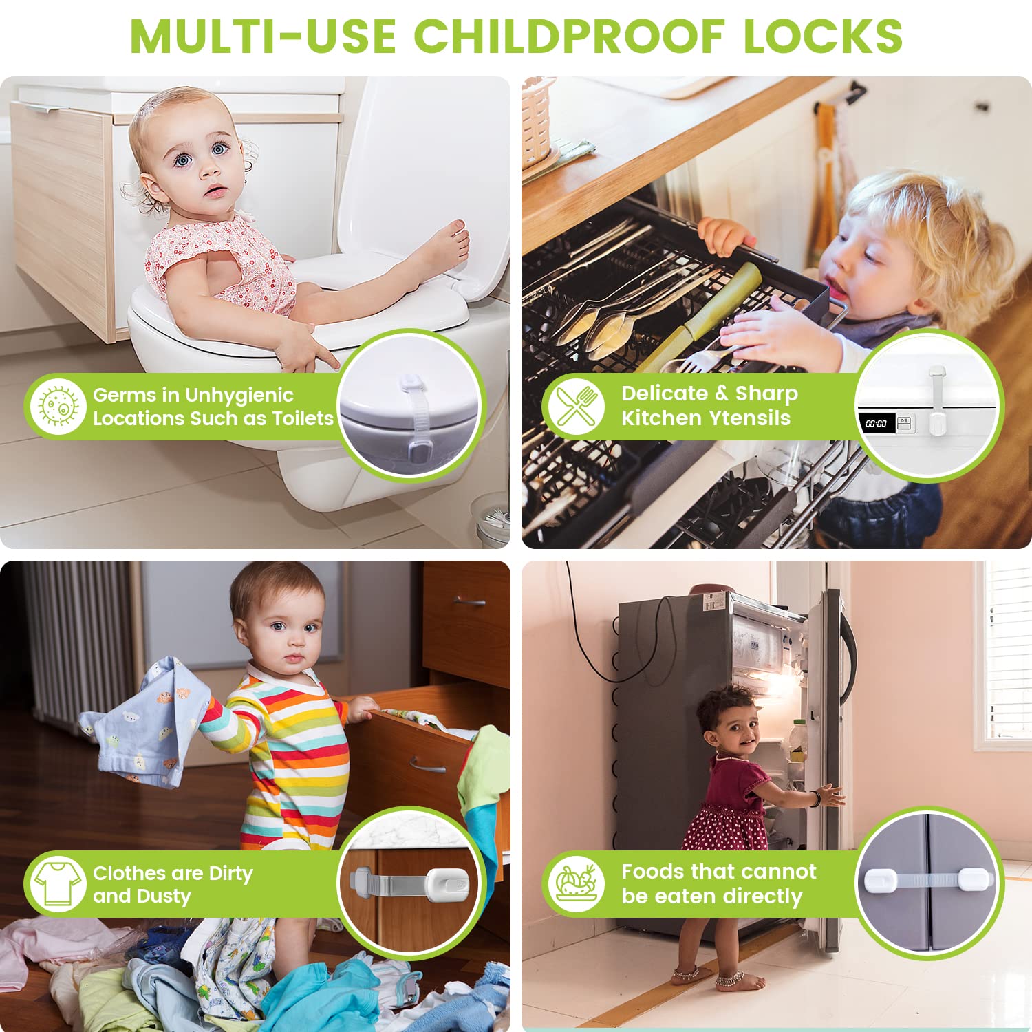 Ouzorp 3-Pack Baby Locks Child Safety Cabinet Proofing, Safe 3M Adhesive No Drilling for Cabinets Drawers Dishwasher Fridge Furniture Kitchen Ovens Toilet Seats