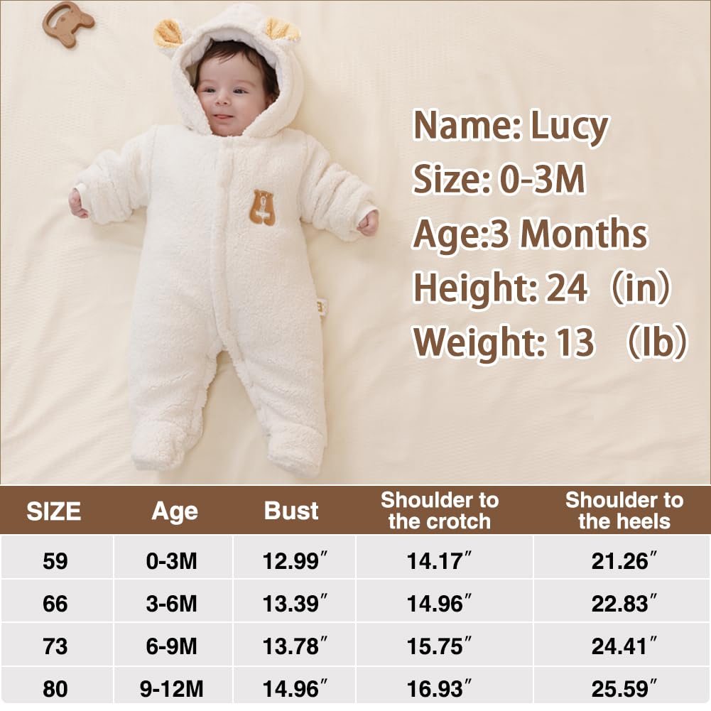 XIFAMNIY Newborn Fleece Footie Jumpsuit Hooded Warm Thicken Winter Outwear Snowsuit for Baby Girls and Boys