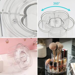 LINFIDITE 360 Rotating Makeup Organizer Spinning Cosmetic Display Cases with 5 Compartment Acrylic Clear Round Turntable Storage Tray Bathroom Counter Organizer Makeup Brush Lip Gloss Organizer Case