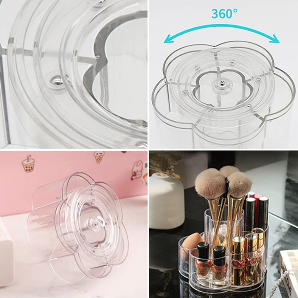 LINFIDITE 360 Rotating Makeup Organizer Spinning Cosmetic Display Cases with 5 Compartment Acrylic Clear Round Turntable Storage Tray Bathroom Counter Organizer Makeup Brush Lip Gloss Organizer Case