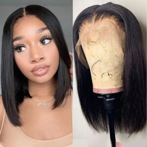 bob wig human hair 13x4 lace front wigs human hair 150% density short straight frontal bob wig hd transparent lace frontal wigs pre plucked for women glueless wigs with baby hair natural black 10 inch