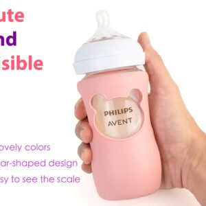 100% Silicone Baby Bottle Sleeves for Philips Avent Natural Glass Baby Bottles, Premium Food Grade Silicone Bottle Cover, Cute Bear Design, 8oz, Pack of 2 (Pink and Purple)