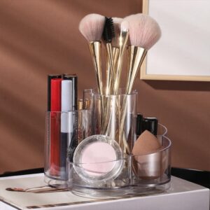 LINFIDITE 360 Rotating Makeup Organizer Spinning Cosmetic Display Cases with 5 Compartment Acrylic Clear Round Turntable Storage Tray Bathroom Counter Organizer Makeup Brush Lip Gloss Organizer Case