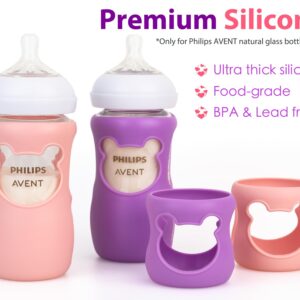 100% Silicone Baby Bottle Sleeves for Philips Avent Natural Glass Baby Bottles, Premium Food Grade Silicone Bottle Cover, Cute Bear Design, 8oz, Pack of 2 (Pink and Purple)