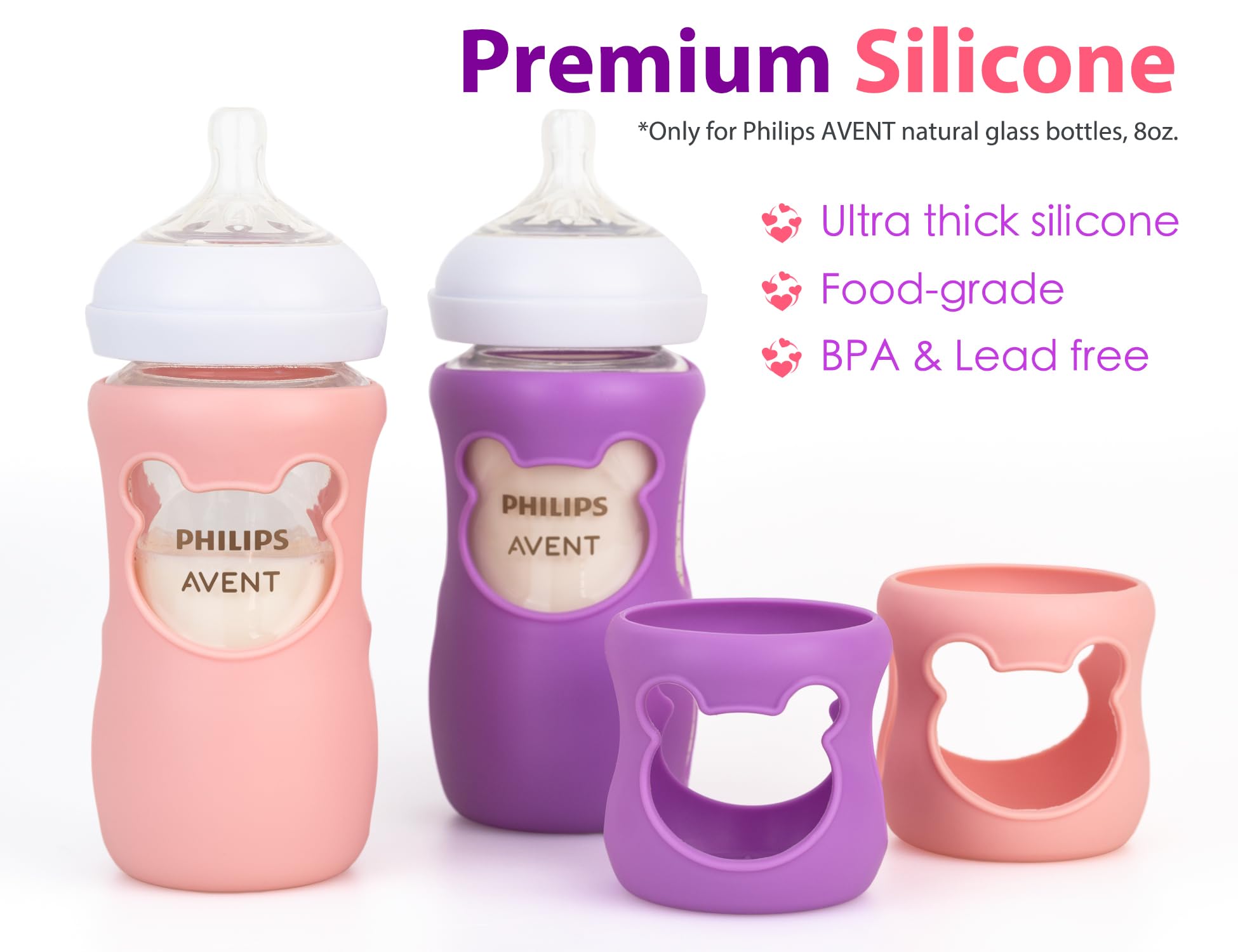 100% Silicone Baby Bottle Sleeves for Philips Avent Natural Glass Baby Bottles, Premium Food Grade Silicone Bottle Cover, Cute Bear Design, 8oz, Pack of 2 (Pink and Purple)