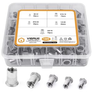 SAE Rivet Nuts Assortment, VIGRUE 185pcs #8-32#10-24 1/4"-20 5/16"-18 3/8"-16 304 Stainless Steel Nutserts Rivnuts Kit, Flat Head Threaded Insert Nut Assort