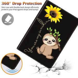 for iPad 10.2/10.5Case，with Coaster Adjustable Stand Auto Wake & Sleep Smart Cover for iPad 9th / 8th / 7th Generation (2021/2020/2019) 10.2 inch/iPad Air 10.5" 2019 - Sunflower and Sloth (Pen Bag)