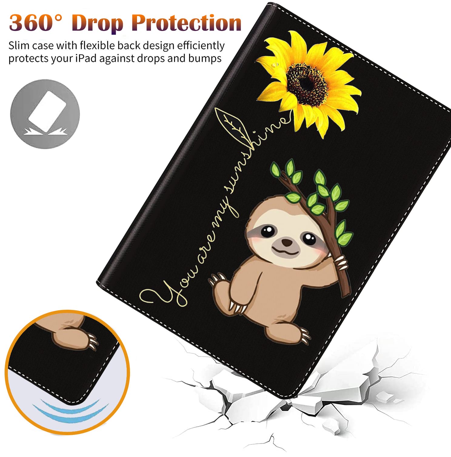 for iPad 10.2/10.5Case，with Coaster Adjustable Stand Auto Wake & Sleep Smart Cover for iPad 9th / 8th / 7th Generation (2021/2020/2019) 10.2 inch/iPad Air 10.5" 2019 - Sunflower and Sloth (Pen Bag)