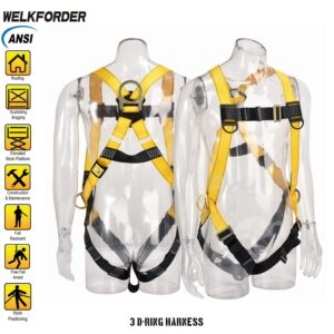 WELKFORDER 3D-Ring Industrial Fall Protection Safety Harness ANSI/ASSE Z359.11-2021 Compliant Full Body Personal Protection Equipment 3-Point Adjustment Universal 310 lbs