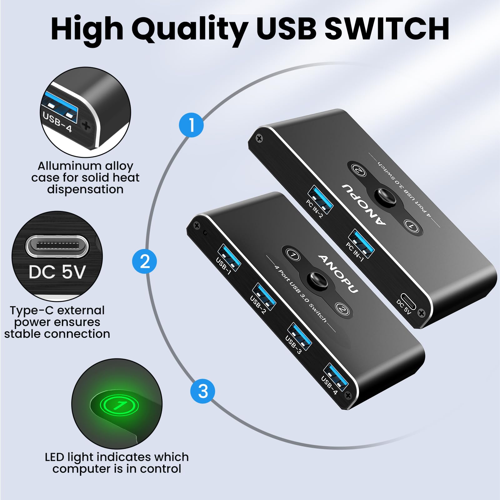 USB Switch, USB 3.0 Switch, Aluminum KM Switch 2 Computers Sharing 4 USB Devices KM Switches 5V USB-C Powered for PC Printer Scanner Mouse Keyboard with 2 Pack USB 3.0 Cable, One Button Switch