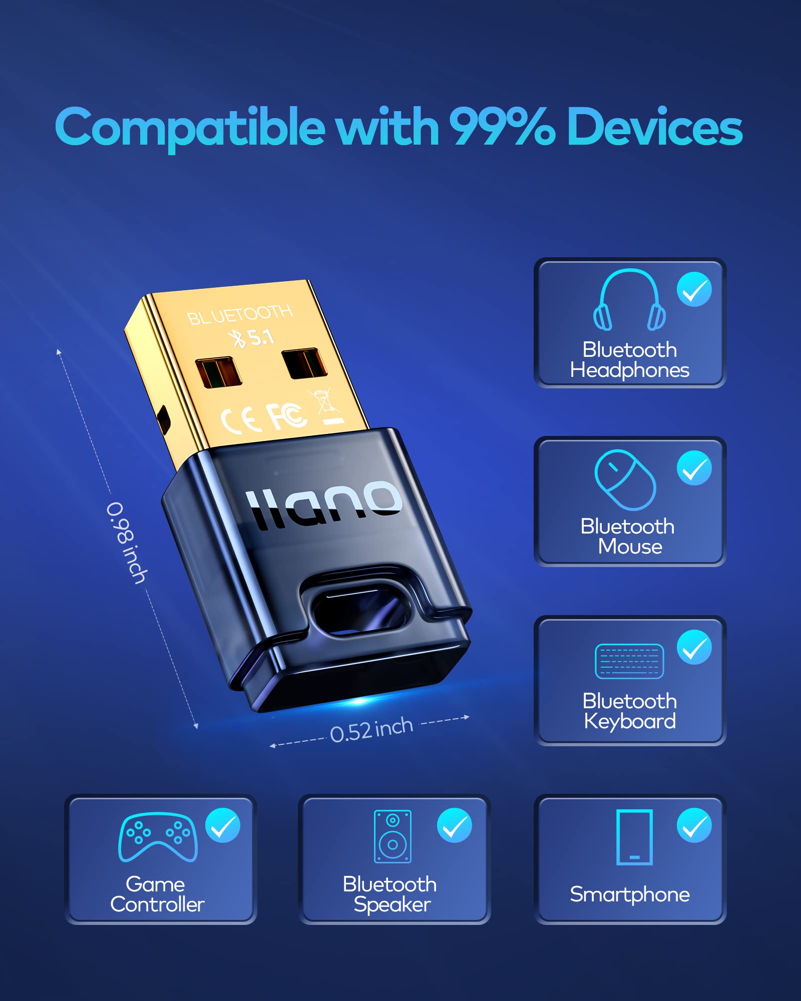 Bluetooth 5.1 USB Adapter - Driver-Free, Plug & Play for Windows PC. For Headphones, Mouse, Keyboard, Speaker, Printer, Laptop.