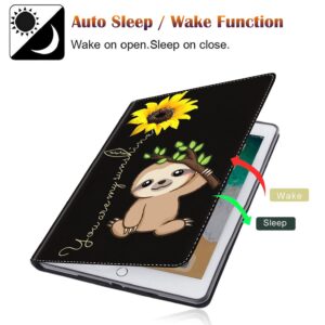 for iPad 10.2/10.5Case，with Coaster Adjustable Stand Auto Wake & Sleep Smart Cover for iPad 9th / 8th / 7th Generation (2021/2020/2019) 10.2 inch/iPad Air 10.5" 2019 - Sunflower and Sloth (Pen Bag)