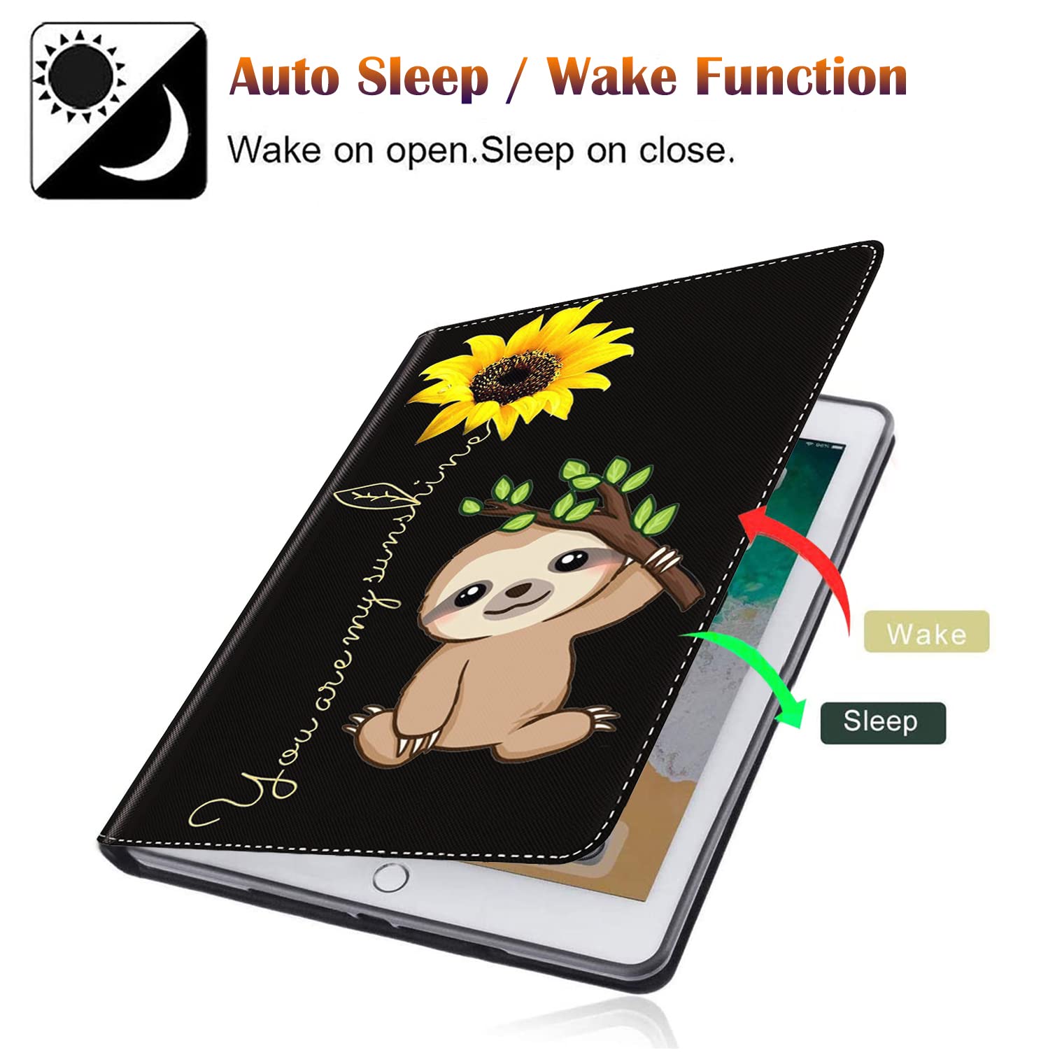 for iPad 10.2/10.5Case，with Coaster Adjustable Stand Auto Wake & Sleep Smart Cover for iPad 9th / 8th / 7th Generation (2021/2020/2019) 10.2 inch/iPad Air 10.5" 2019 - Sunflower and Sloth (Pen Bag)