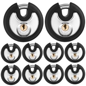 chumia 10 pack 70 mm pad lock keyed alike padlocks stainless steel discus lock, 2 keys per lock, outdoor round disc lock for storage unit, sheds, garages and fence, black rubber bumper sheath