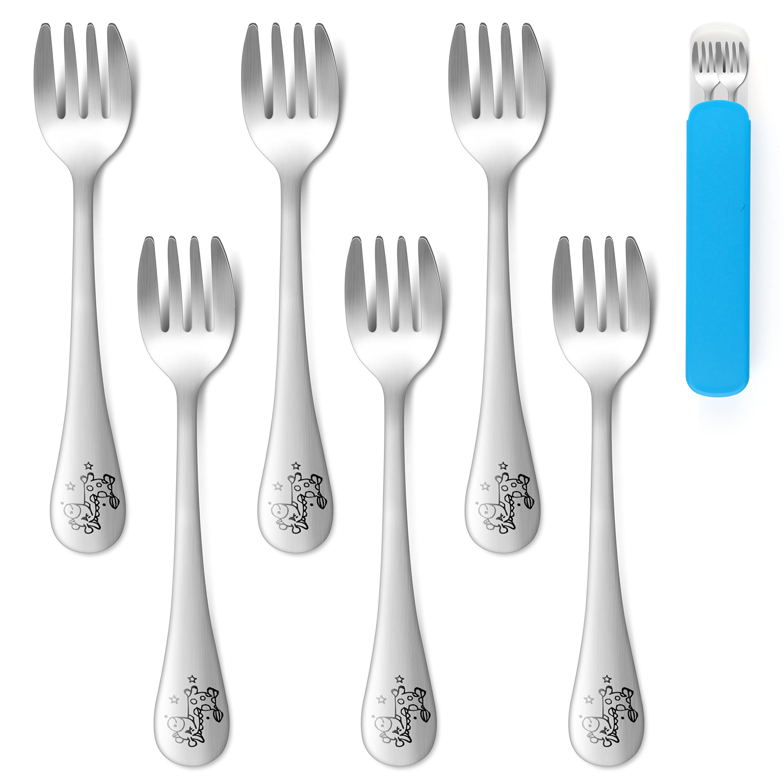 E-far Toddler Forks, 6-Piece Stainless Steel Kids Utensils Fork for Baby Self Feeding, Attached Portable Case & Cute Animal Pattern, Solid Metal & Small Size, Rust Free & Dishwasher Safe