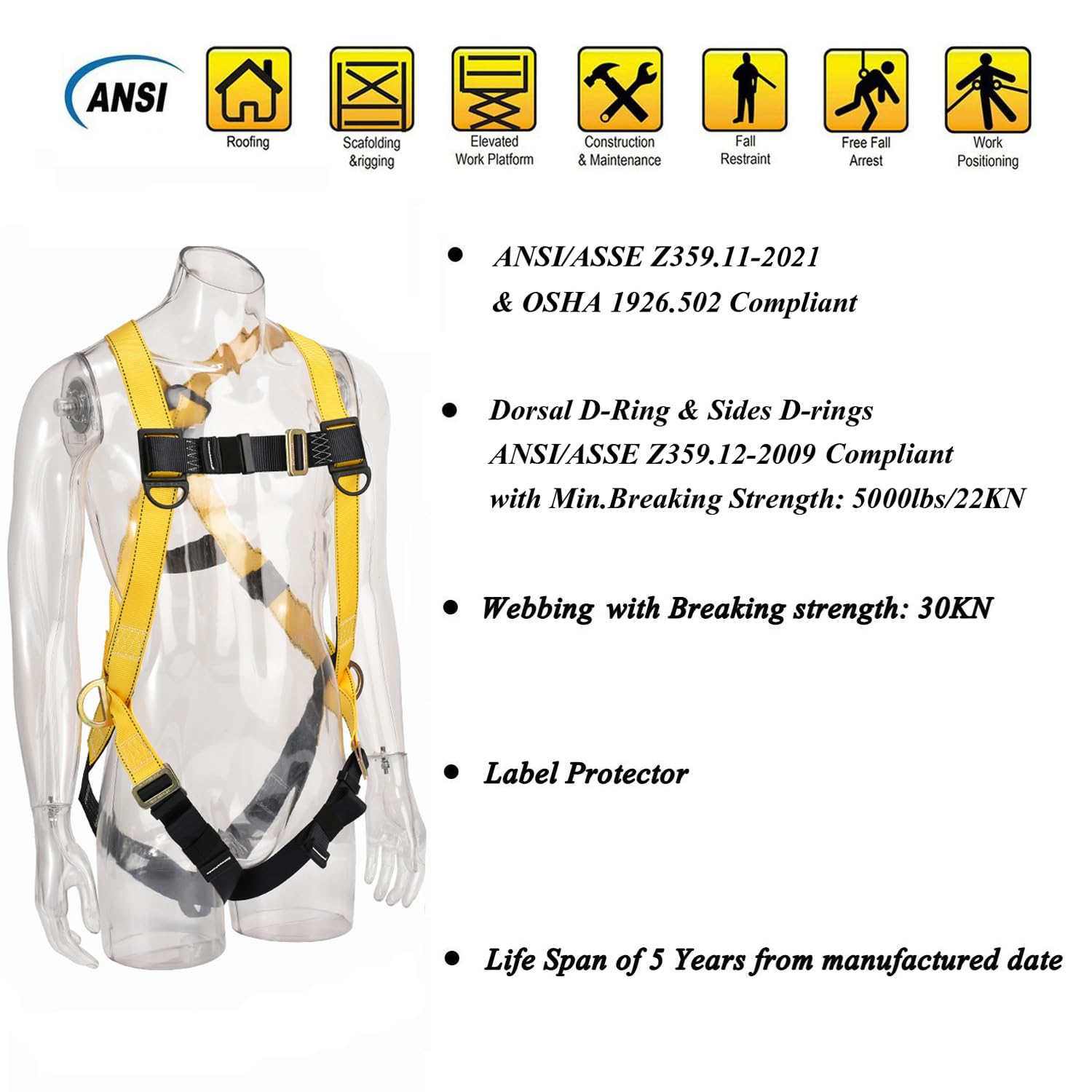 WELKFORDER 3D-Ring Industrial Fall Protection Safety Harness ANSI/ASSE Z359.11-2021 Compliant Full Body Personal Protection Equipment 3-Point Adjustment Universal 310 lbs