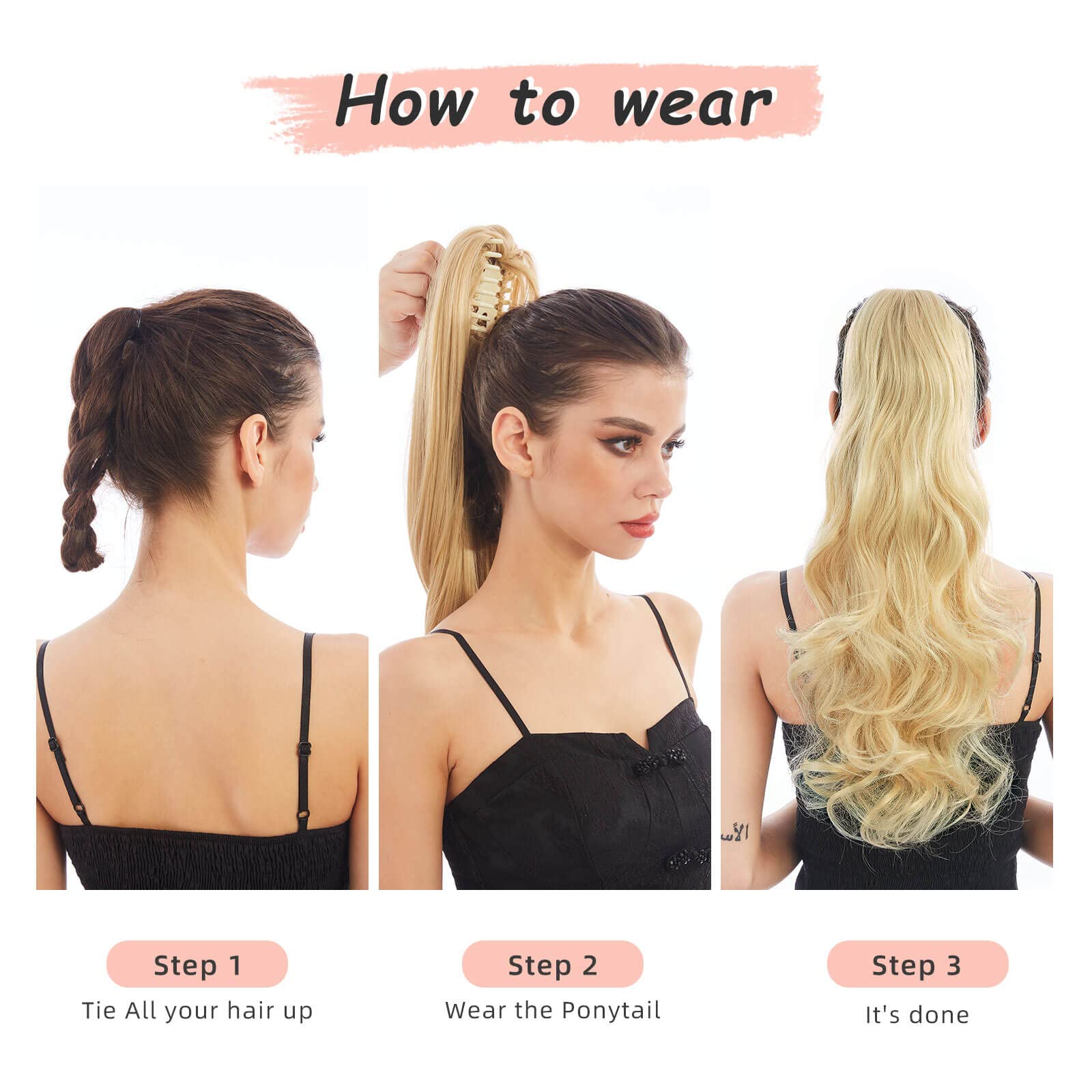 HEWEICSY Ponytail Extension,Hair Extension Ponytail 22" Long Claw Hair Extension Synthetic Curly Wavy Hairpieces Ponytail Clip in Ponytail Wig Daily Fluffy Pony Tail for Women,Black