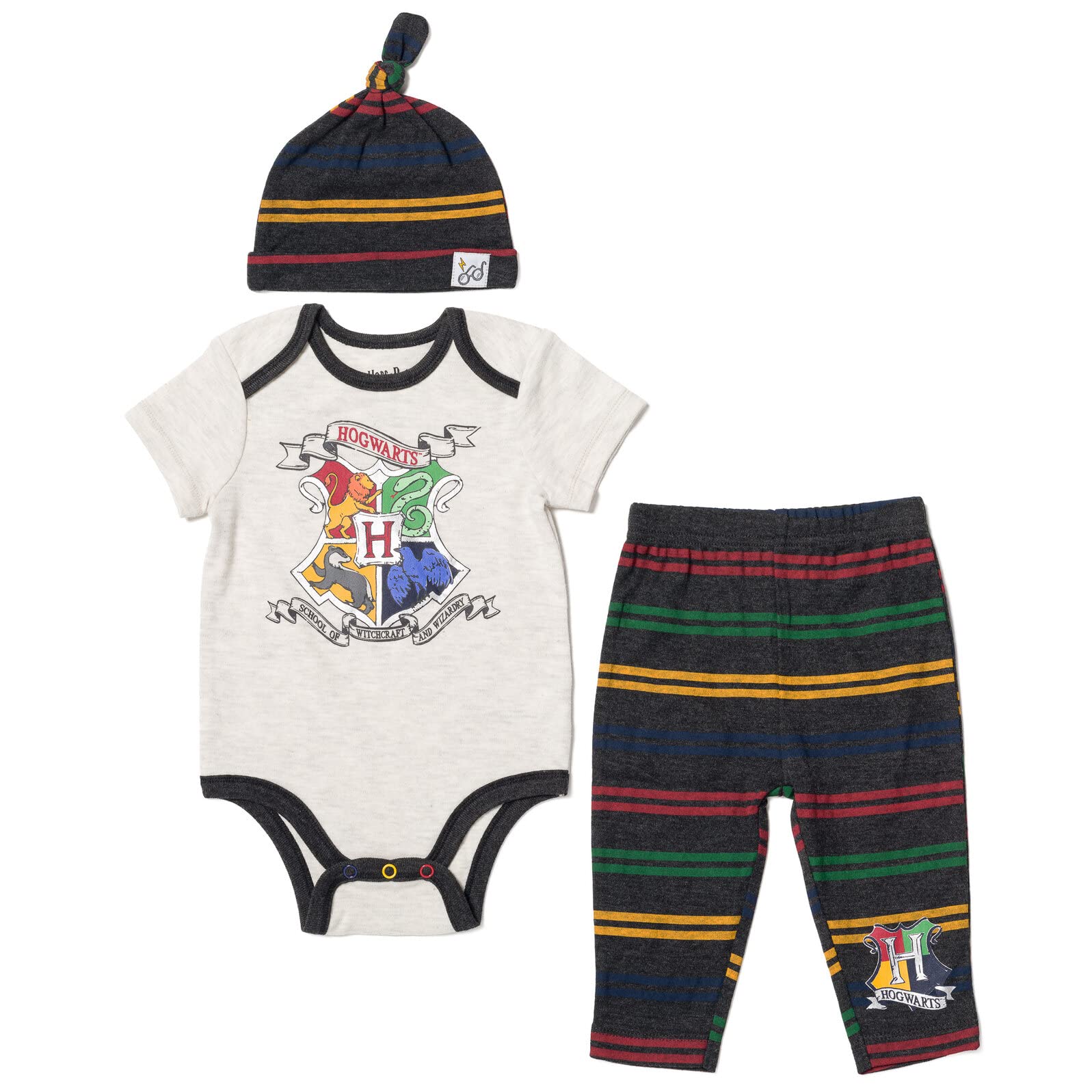 Harry Potter Gryffindor Slytherin Ravenclaw Newborn Baby Boys 3 Piece Outfit Set: Cuddly Bodysuit Pants Hat White/Gray 0-3 Months