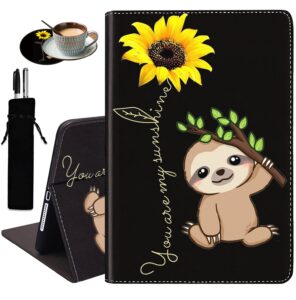 for ipad 10.2/10.5case，with coaster adjustable stand auto wake & sleep smart cover for ipad 9th / 8th / 7th generation (2021/2020/2019) 10.2 inch/ipad air 10.5" 2019 - sunflower and sloth (pen bag)