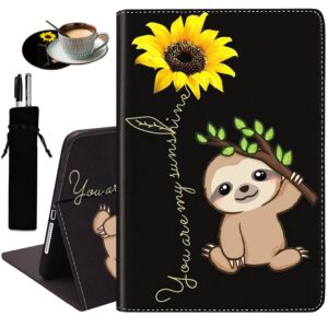 for iPad 10.2/10.5Case，with Coaster Adjustable Stand Auto Wake & Sleep Smart Cover for iPad 9th / 8th / 7th Generation (2021/2020/2019) 10.2 inch/iPad Air 10.5" 2019 - Sunflower and Sloth (Pen Bag)