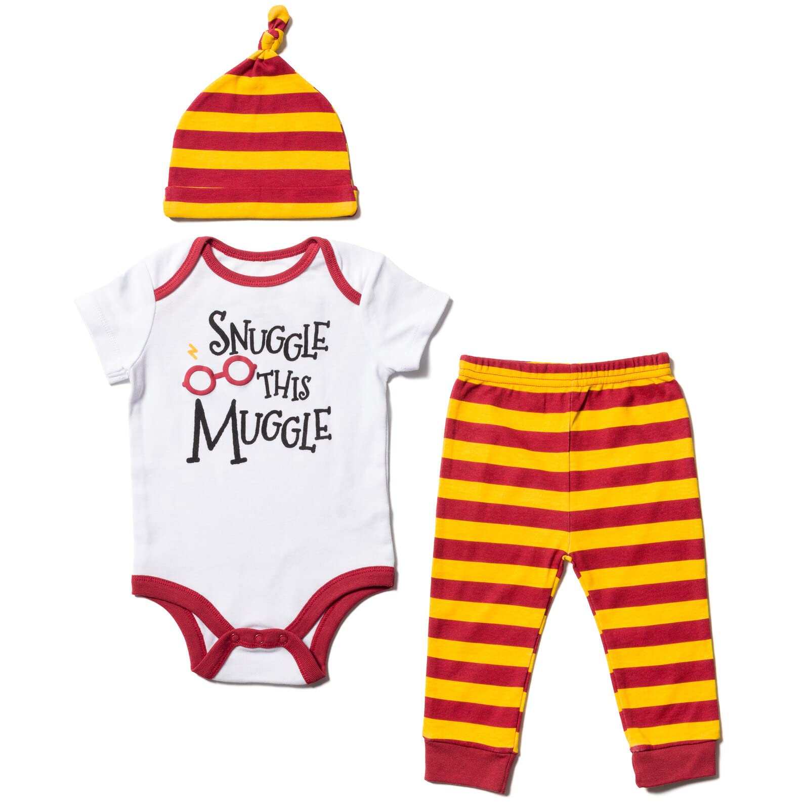 Harry Potter Newborn Baby Boys 3 Piece Outfit Set: Cuddly Bodysuit Pants Hat White/Multicolor 0-3 Months