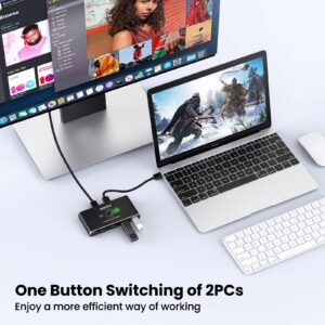 USB Switch, USB 3.0 Switch, Aluminum KM Switch 2 Computers Sharing 4 USB Devices KM Switches 5V USB-C Powered for PC Printer Scanner Mouse Keyboard with 2 Pack USB 3.0 Cable, One Button Switch