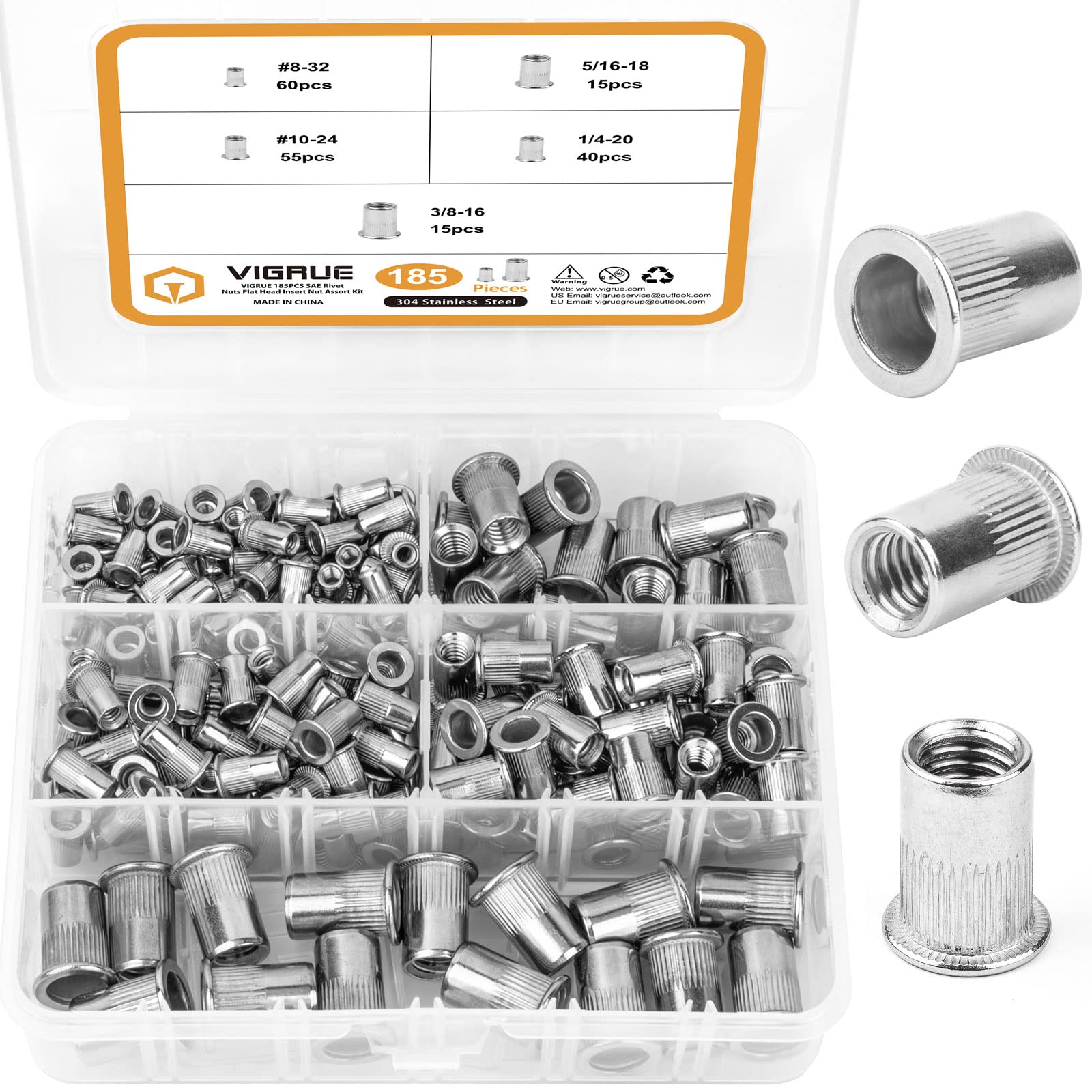 SAE Rivet Nuts Assortment, VIGRUE 185pcs #8-32#10-24 1/4"-20 5/16"-18 3/8"-16 304 Stainless Steel Nutserts Rivnuts Kit, Flat Head Threaded Insert Nut Assort