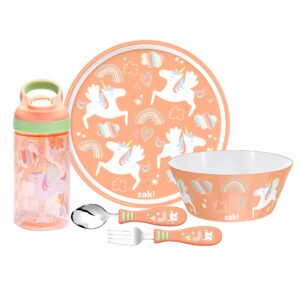 zak! unicorn - 5-piece dinnerware set - durable plastic & stainless steel - includes water bottle, 8-inch plate, 6-inch bowl, fork & spoon - suitable for kids ages 3+