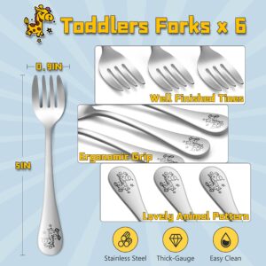 E-far Toddler Forks, 6-Piece Stainless Steel Kids Utensils Fork for Baby Self Feeding, Attached Portable Case & Cute Animal Pattern, Solid Metal & Small Size, Rust Free & Dishwasher Safe