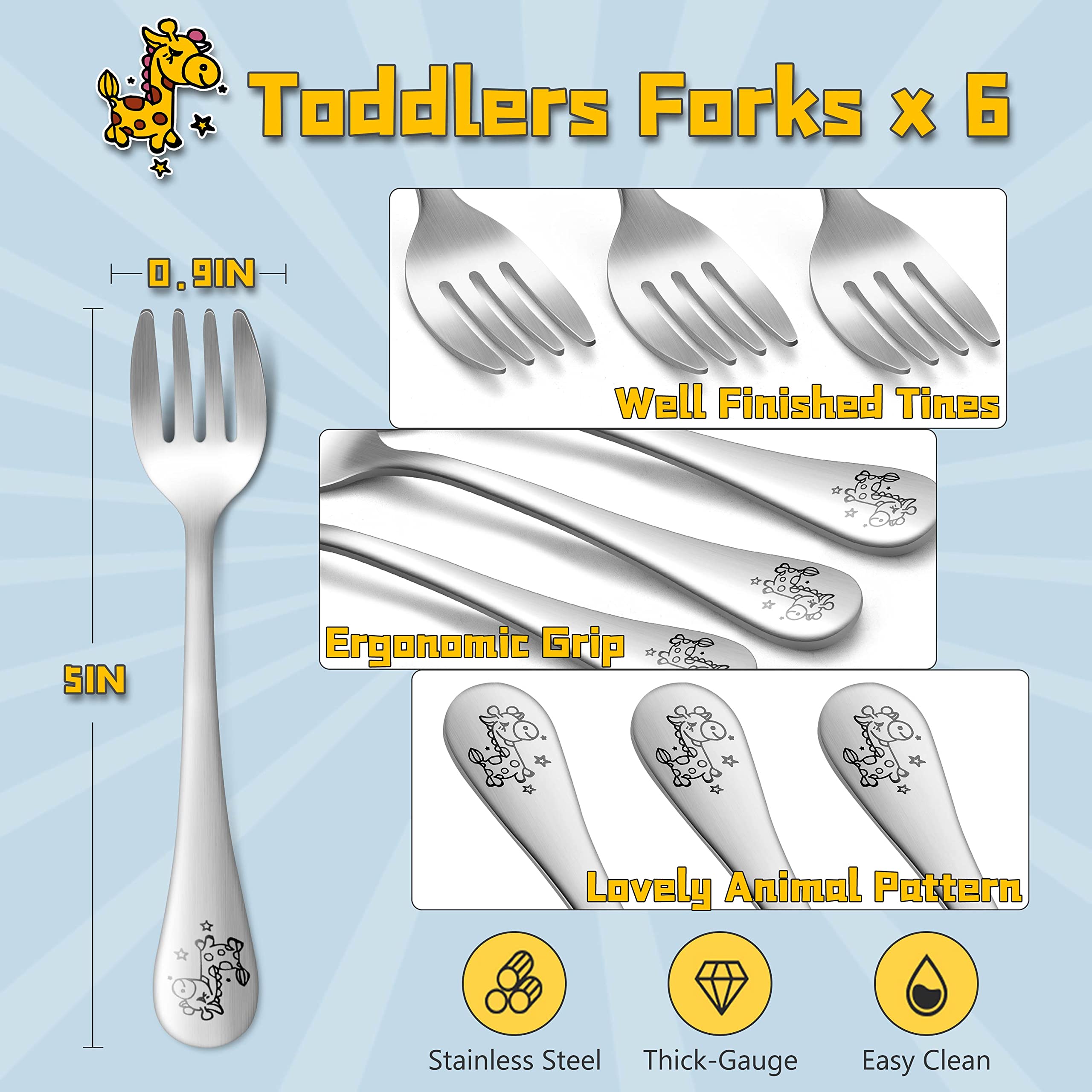 E-far Toddler Forks, 6-Piece Stainless Steel Kids Utensils Fork for Baby Self Feeding, Attached Portable Case & Cute Animal Pattern, Solid Metal & Small Size, Rust Free & Dishwasher Safe