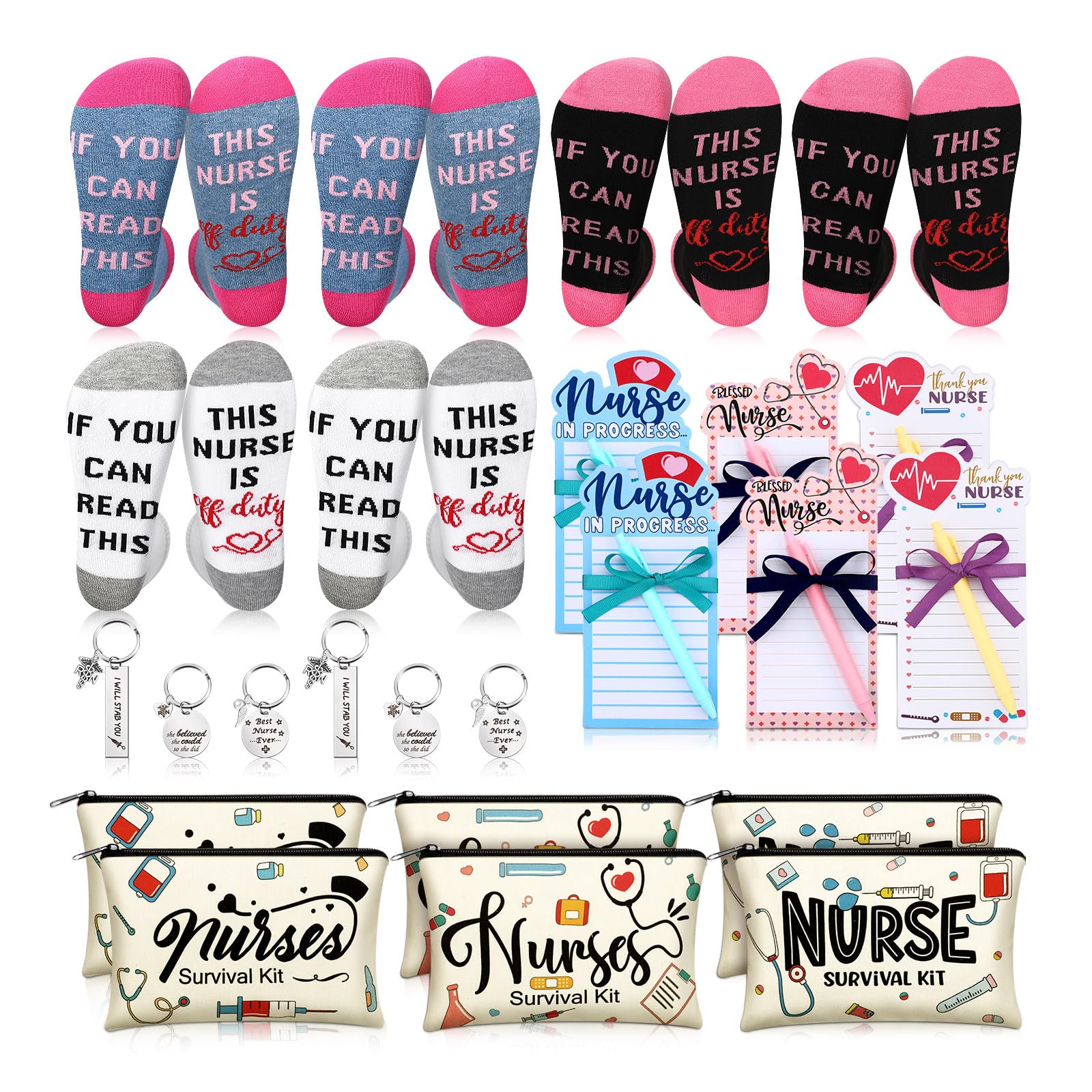 Jiuguva 36 Pcs Nursing Appreciation Gifts Nurses Week Gifts in Bulk Nurse Survival Kit Christmas Gifts for Nurses Notepad for Nurses Socks Nursing Makeup Bags Nursing Keychains for Holiday