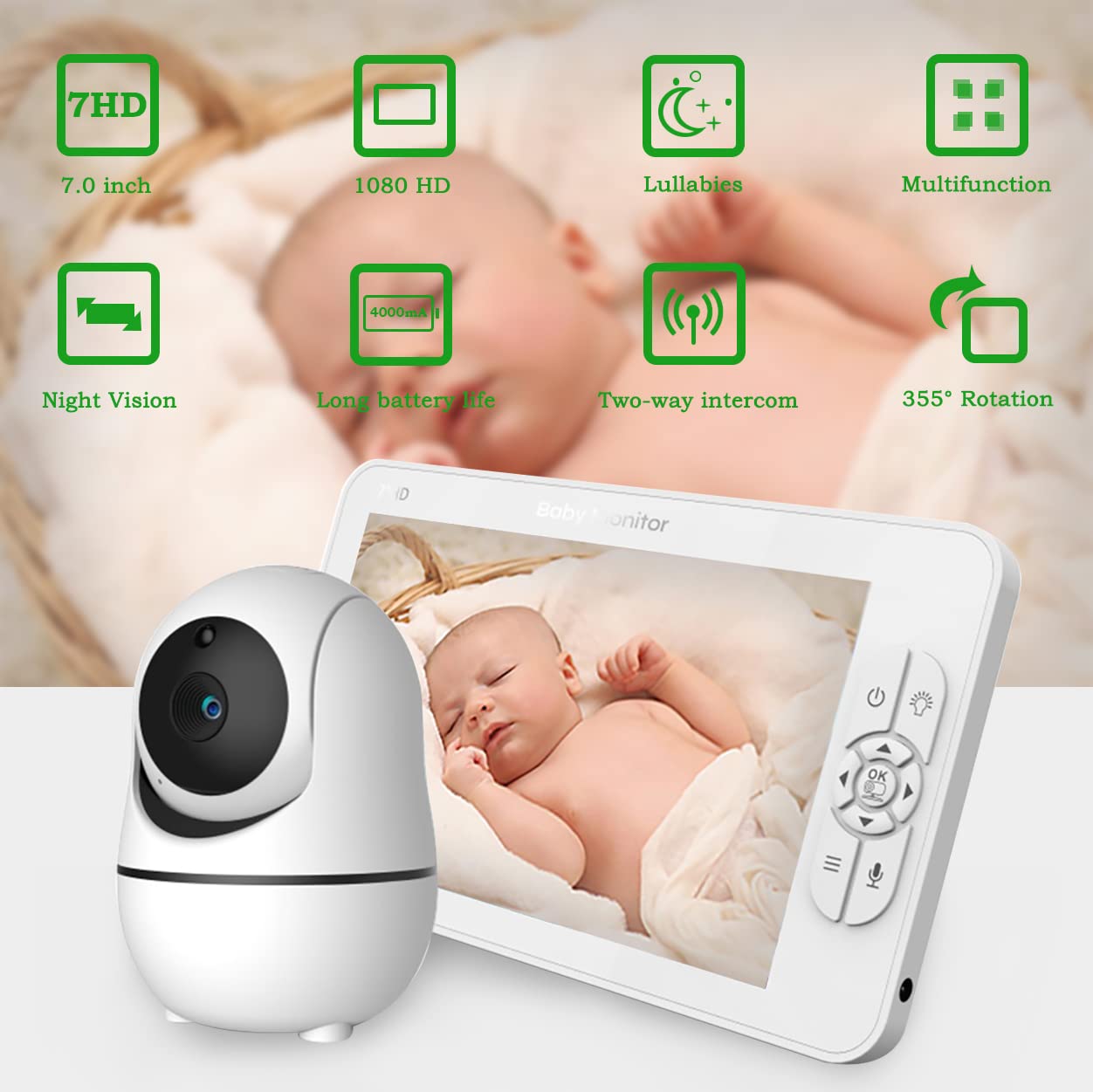 GUAZI STORE Baby Monitor, 7-inch Large Screen,Baby Monitor with Camera Audio Split Screen, Rotating Camera, Two-Way Talk, Temperature Monitoring,Baby 1080P Camera,Automatic Night Vision, Lullaby.…