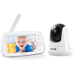 paris rhÔne video baby monitor, 5" 720p hd baby monitor with camera and audio, no wifi, 2 way audio, vox mode, infrared night vision, feeding reminder, wide-angle view temperature sensor lullabies