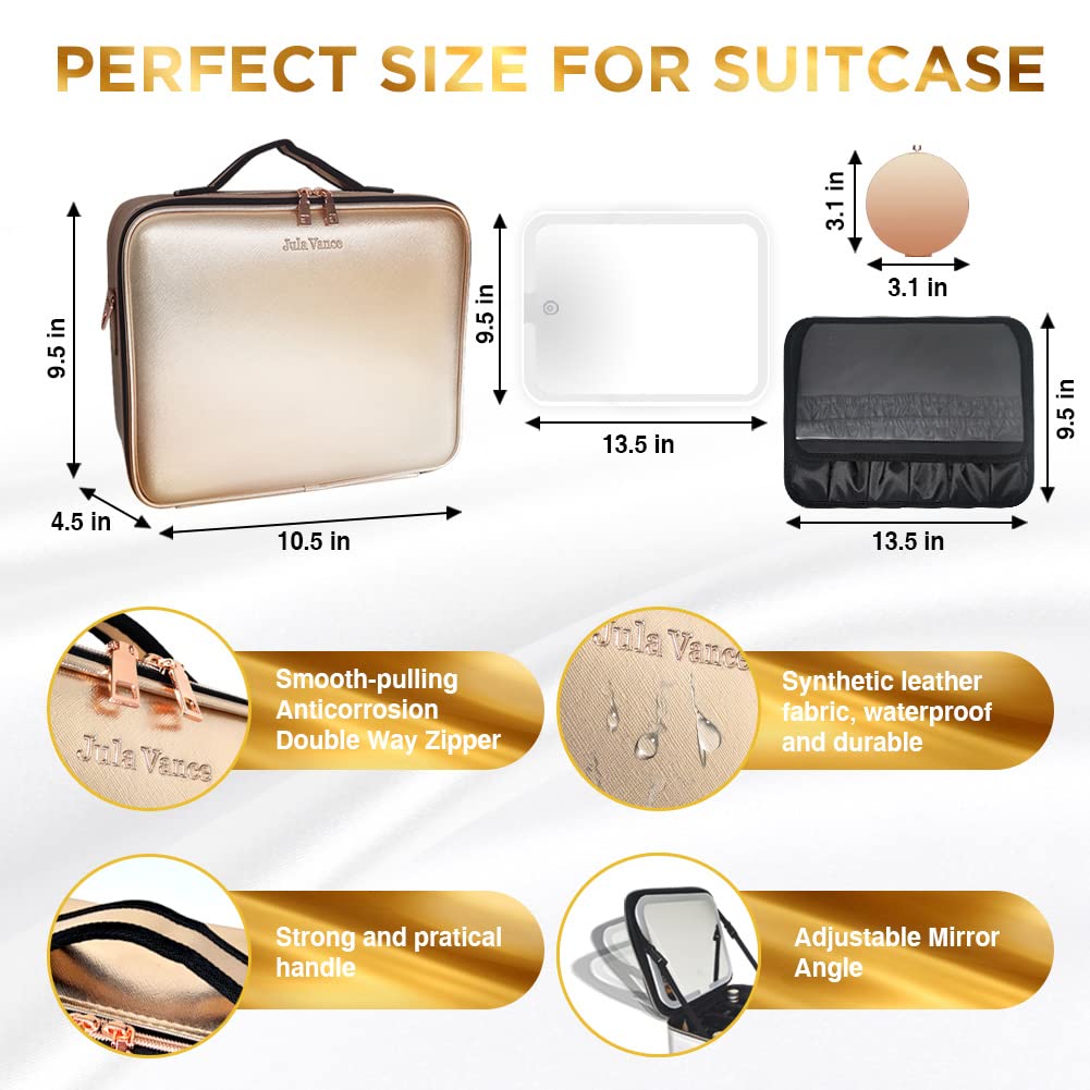 Jula Vance Travel Makeup Case with Removable Large Mirror and Lights 3 Color Adjustable Brightness Dividers with Shoulder Strap Rechargeable,Waterproof,for Travel or Business, Large