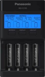 panasonic k-kj65k3a4ba super advanced 4-position quick charger with lcd indicator panel, usb charging port and 4aaa eneloop pro rechargeable batteries, black