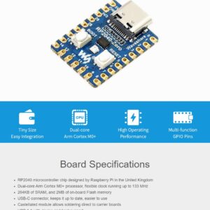 Waveshare RP2040-Zero High-Performance Pico-Like MCU Board Based On Raspberry Pi Microcontroller RP2040 Castellated Module Allows Soldering Direct to Carrier Boards-3pcs